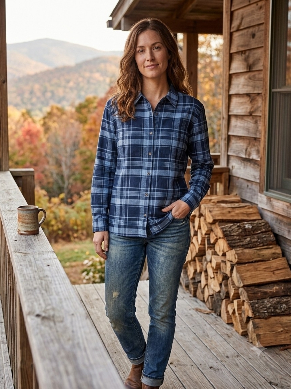 L.L. Bean Women's Navy and Light Blue Plaid Button-Down Shirt